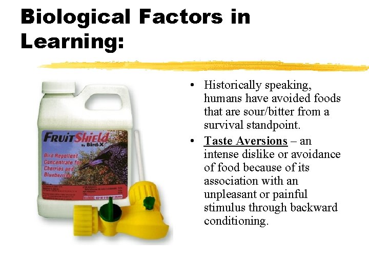 Biological Factors in Learning: • Historically speaking, humans have avoided foods that are sour/bitter