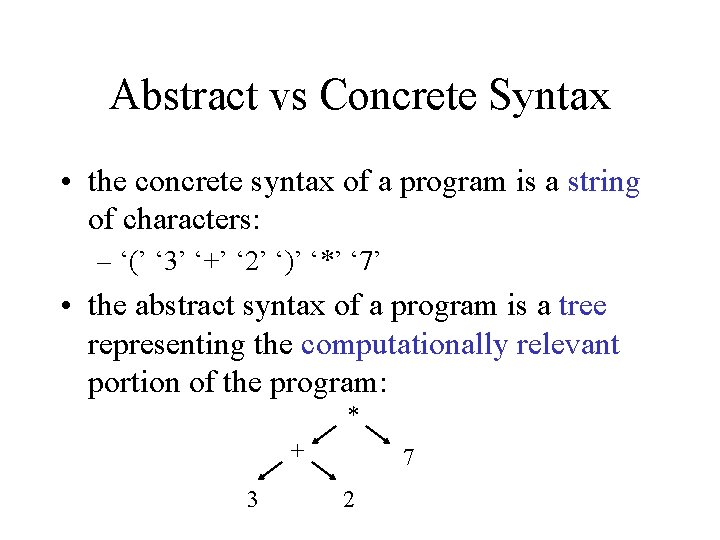 Abstract vs Concrete Syntax • the concrete syntax of a program is a string