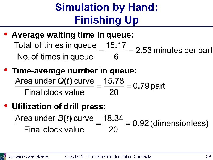 Simulation by Hand: Finishing Up • Average waiting time in queue: • Time-average number