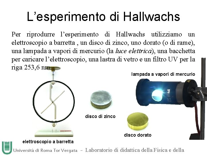 L’esperimento di Hallwachs Per riprodurre l’esperimento di Hallwachs utilizziamo un elettroscopio a barretta ,