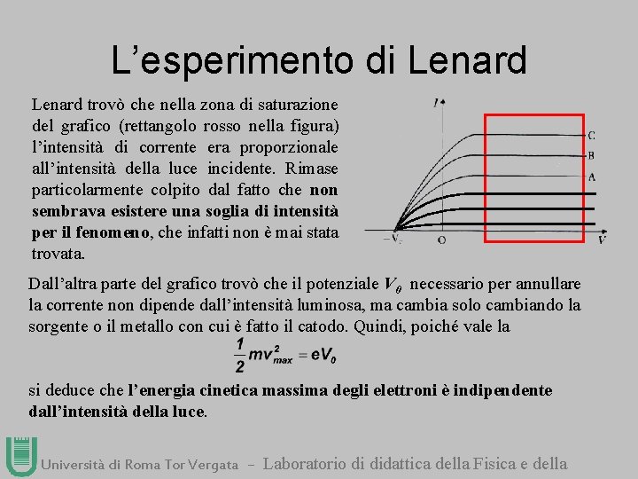 L’esperimento di Lenard trovò che nella zona di saturazione del grafico (rettangolo rosso nella