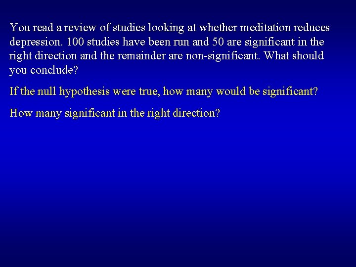 You read a review of studies looking at whether meditation reduces depression. 100 studies