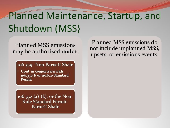Planned Maintenance, Startup, and Shutdown (MSS) Planned MSS emissions may be authorized under: 106.