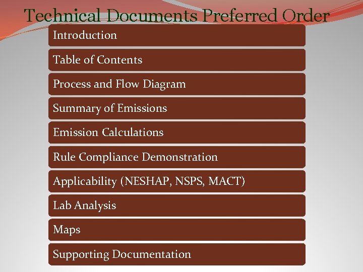 Technical Documents Preferred Order Introduction Table of Contents Process and Flow Diagram Summary of