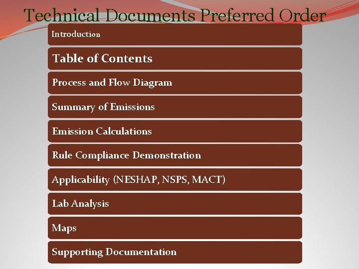 Technical Documents Preferred Order Introduction Table of Contents Process and Flow Diagram Summary of