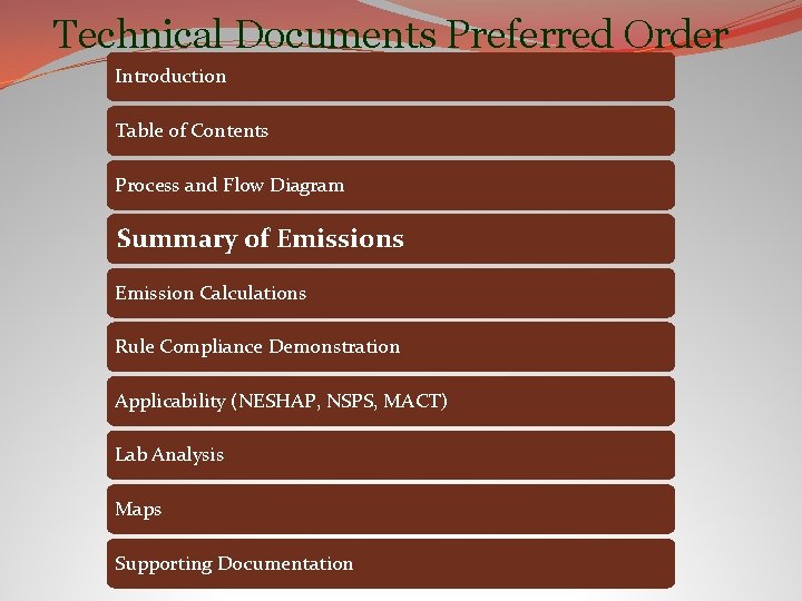 Technical Documents Preferred Order Introduction Table of Contents Process and Flow Diagram Summary of