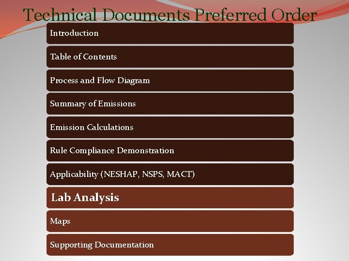 Technical Documents Preferred Order Introduction Table of Contents Process and Flow Diagram Summary of