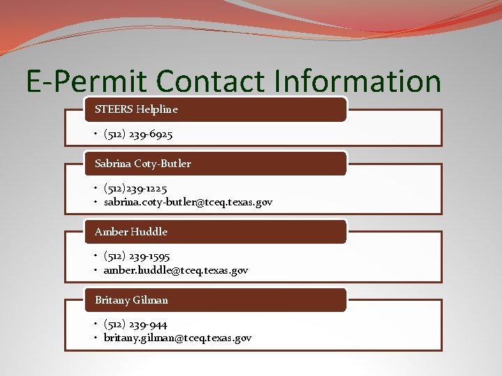 E-Permit Contact Information STEERS Helpline • (512) 239 -6925 Sabrina Coty-Butler • (512)239 -1225
