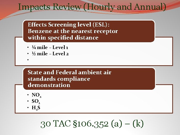 Impacts Review (Hourly and Annual) Effects Screening level (ESL): Benzene at the nearest receptor
