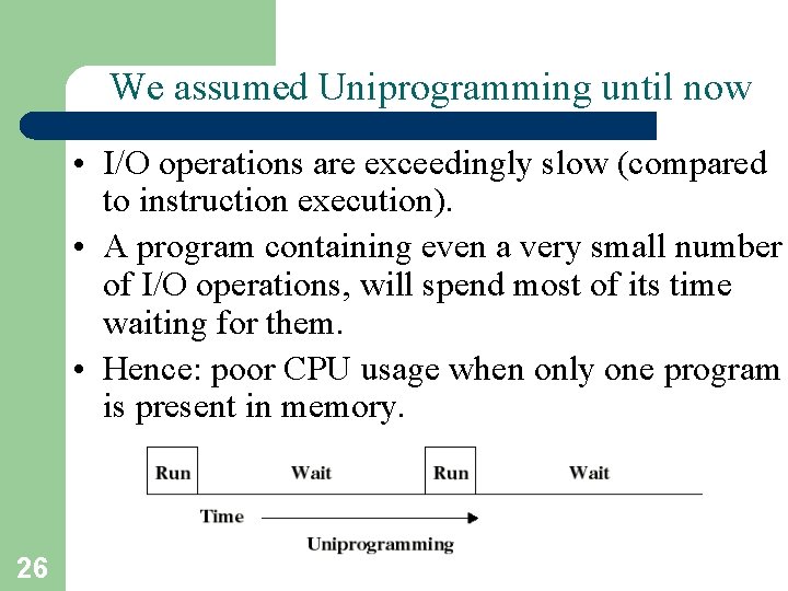We assumed Uniprogramming until now • I/O operations are exceedingly slow (compared to instruction