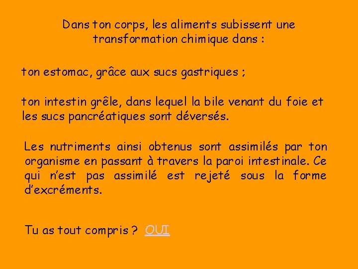 Dans ton corps, les aliments subissent une transformation chimique dans : ton estomac, grâce