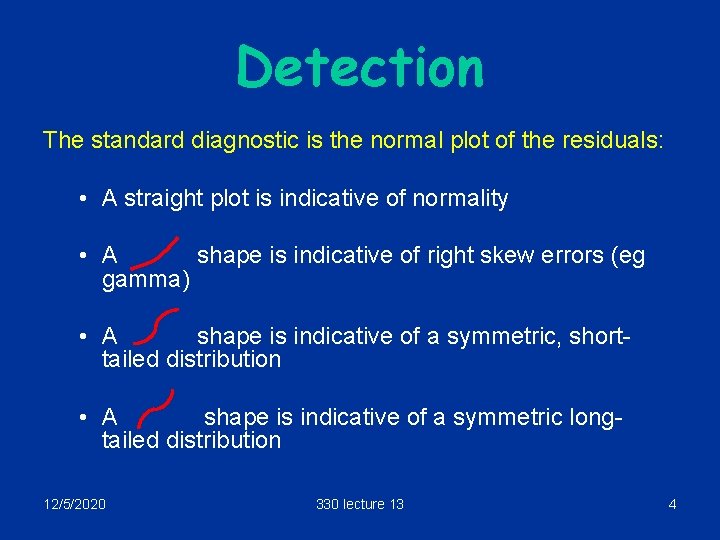 Detection The standard diagnostic is the normal plot of the residuals: • A straight