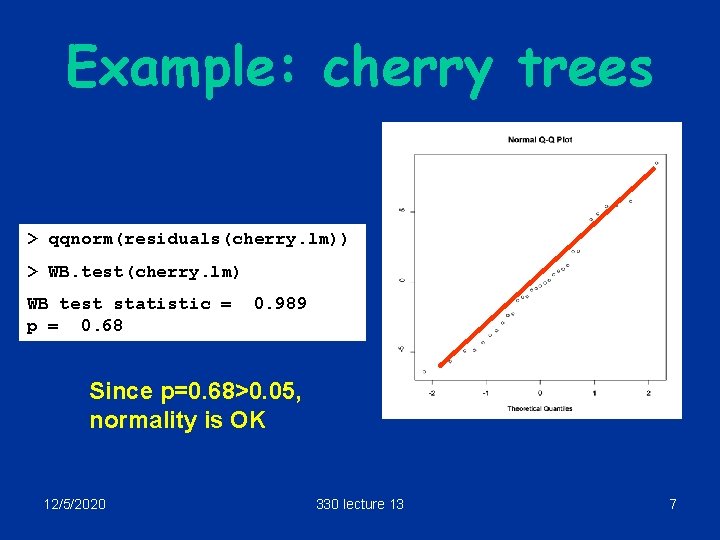 Example: cherry trees > qqnorm(residuals(cherry. lm)) > WB. test(cherry. lm) WB test statistic =