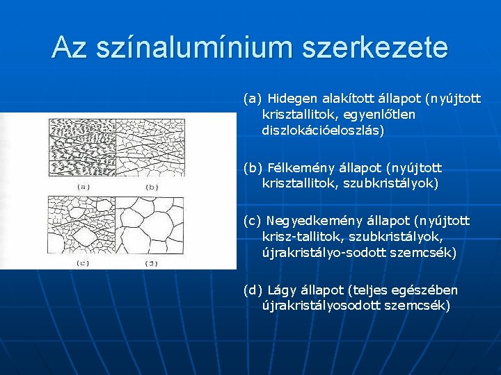 Az színalumínium szerkezete (a) Hidegen alakított állapot (nyújtott krisztallitok, egyenlőtlen diszlokációeloszlás) (b) Félkemény állapot