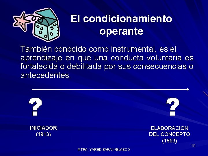 El condicionamiento operante También conocido como instrumental, es el aprendizaje en que una conducta