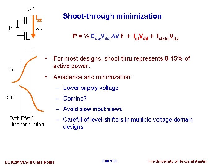 Shoot-through minimization Ist in out P = ½ Csw. Vdd DV f + Ist.