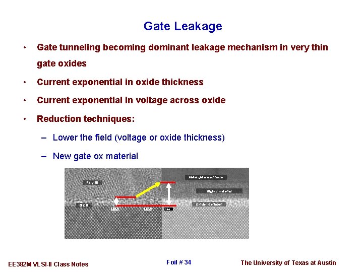 Gate Leakage • Gate tunneling becoming dominant leakage mechanism in very thin gate oxides