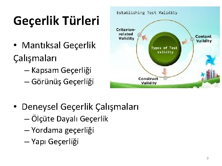 Geçerlik Türleri • Mantıksal Geçerlik Çalışmaları – Kapsam Geçerliği – Görünüş Geçerliği • Deneysel Geçerlik Türleri • Mantıksal Geçerlik Çalışmaları – Kapsam Geçerliği – Görünüş Geçerliği • Deneysel