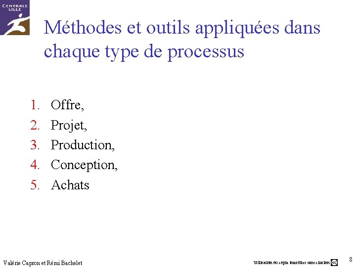 Méthodes et outils appliquées dans chaque type de processus 1. 2. 3. 4. 5.