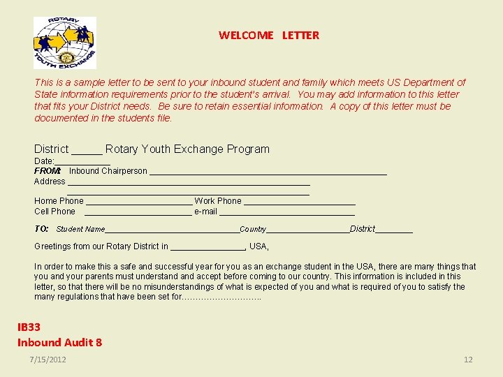 WELCOME LETTER This is a sample letter to be sent to your inbound student WELCOME LETTER This is a sample letter to be sent to your inbound student