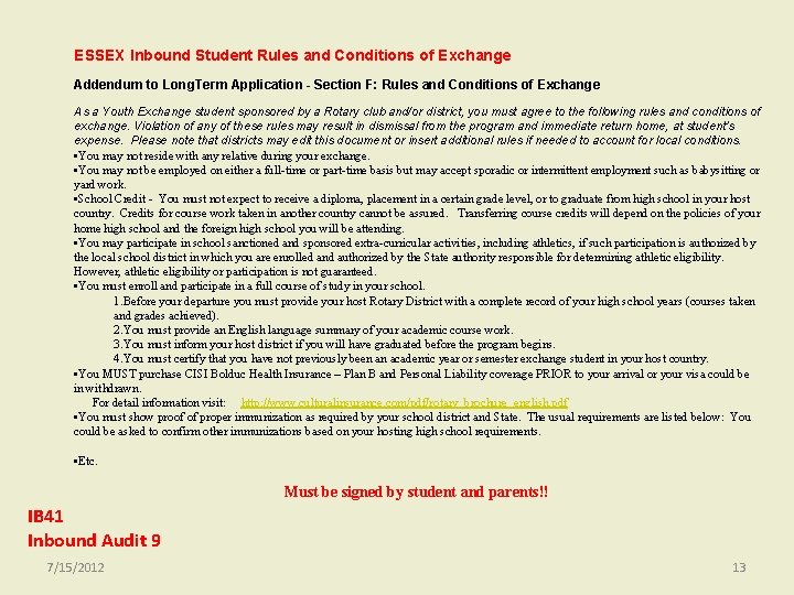 ESSEX Inbound Student Rules and Conditions of Exchange Addendum to Long. Term Application - ESSEX Inbound Student Rules and Conditions of Exchange Addendum to Long. Term Application -