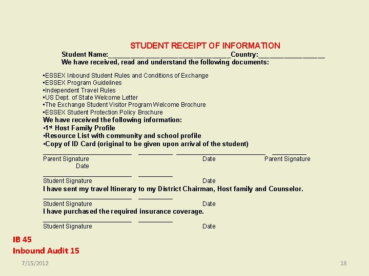 STUDENT RECEIPT OF INFORMATION Student Name: _________________Country: _________ We have received, read and understand STUDENT RECEIPT OF INFORMATION Student Name: _________________Country: _________ We have received, read and understand