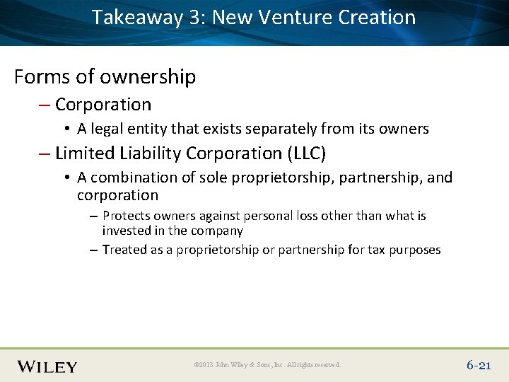 Takeaway 3: New Venture Creation Place Slide Title Text Here Forms of ownership –