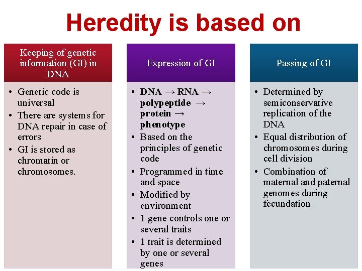 Heredity is based on Keeping of genetic information (GI) in DNA • Genetic code