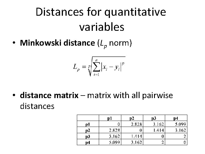 Distances for quantitative variables • Minkowski distance (Lp norm) • distance matrix – matrix