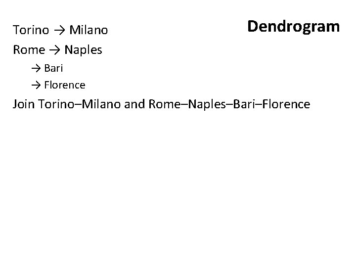 Torino → Milano Rome → Naples Dendrogram → Bari → Florence Join Torino–Milano and
