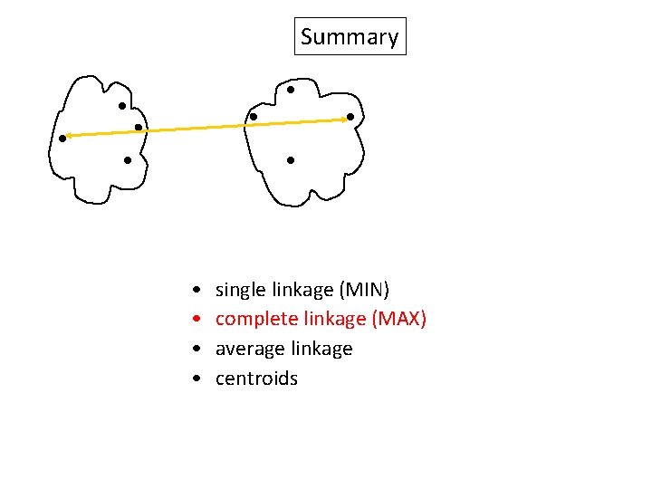 Summary • • single linkage (MIN) complete linkage (MAX) average linkage centroids 