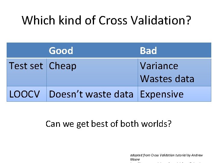 Which kind of Cross Validation? Good Test set Cheap Bad Variance Wastes data LOOCV