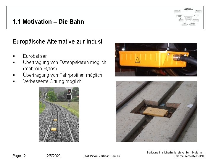 1. 1 Motivation – Die Bahn Europäische Alternative zur Indusi § § Eurobalisen Übertragung