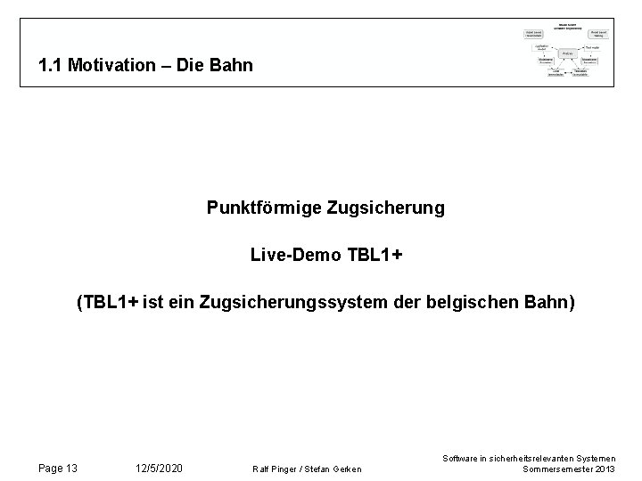 1. 1 Motivation – Die Bahn Punktförmige Zugsicherung Live-Demo TBL 1+ (TBL 1+ ist