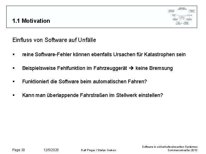 1. 1 Motivation Einfluss von Software auf Unfälle § reine Software-Fehler können ebenfalls Ursachen