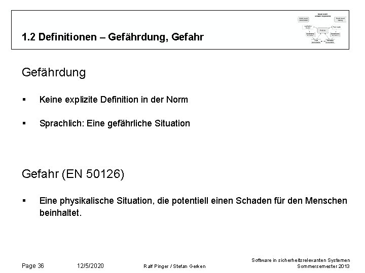 1. 2 Definitionen – Gefährdung, Gefahr Gefährdung § Keine explizite Definition in der Norm