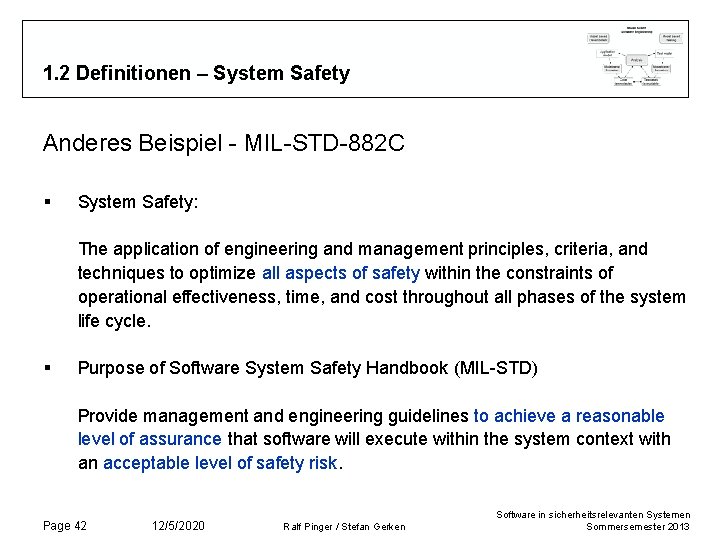 1. 2 Definitionen – System Safety Anderes Beispiel - MIL-STD-882 C § System Safety: