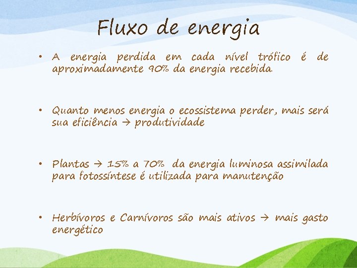 Fluxo de energia • A energia perdida em cada nível trófico aproximadamente 90% da