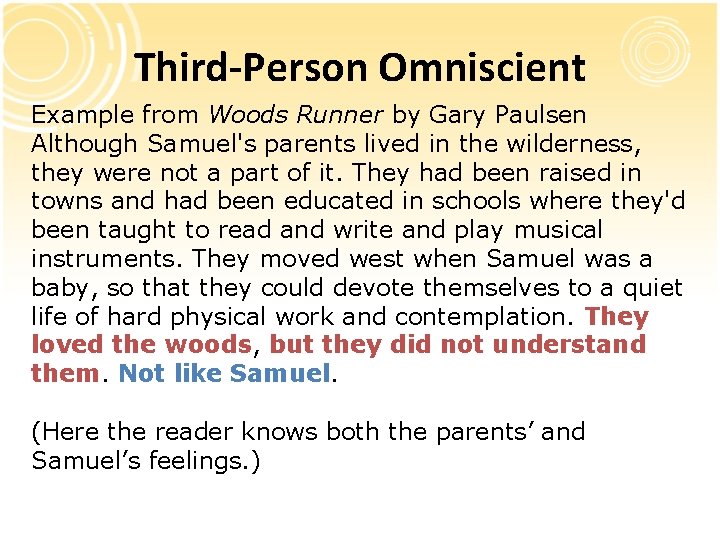 Third-Person Omniscient Example from Woods Runner by Gary Paulsen Although Samuel's parents lived in