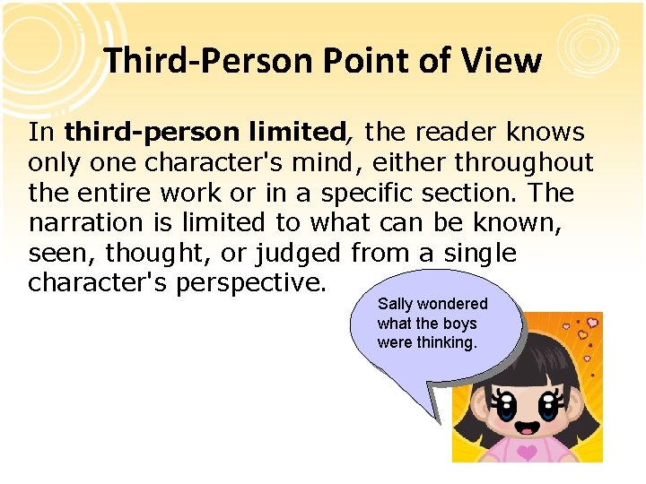 Third-Person Point of View In third-person limited, the reader knows only one character's mind,