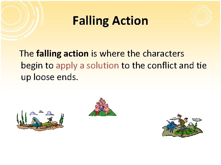 Falling Action The falling action is where the characters begin to apply a solution