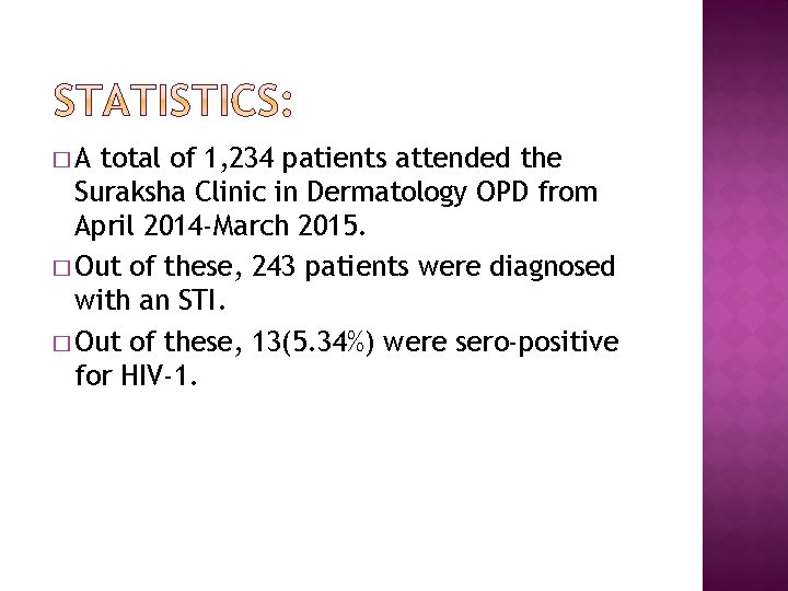 �A total of 1, 234 patients attended the Suraksha Clinic in Dermatology OPD from