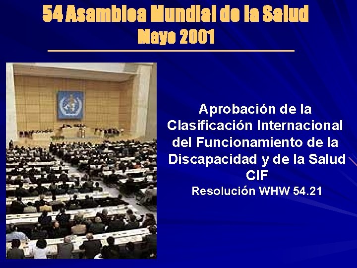 54 Asamblea Mundial de la Salud Mayo 2001 Aprobación de la Clasificación Internacional del