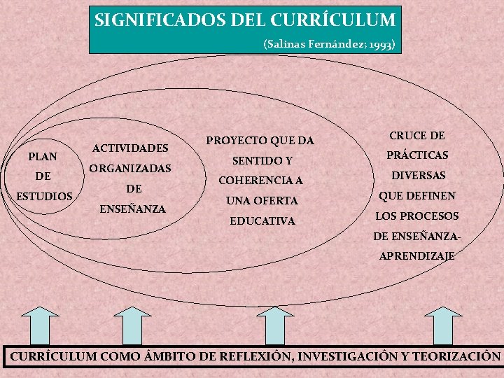 SIGNIFICADOS DEL CURRÍCULUM (Salinas Fernández; 1993) PLAN DE ESTUDIOS ACTIVIDADES ORGANIZADAS DE ENSEÑANZA PROYECTO