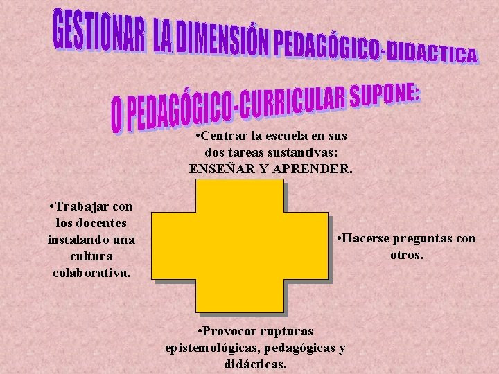  • Centrar la escuela en sus dos tareas sustantivas: ENSEÑAR Y APRENDER. •