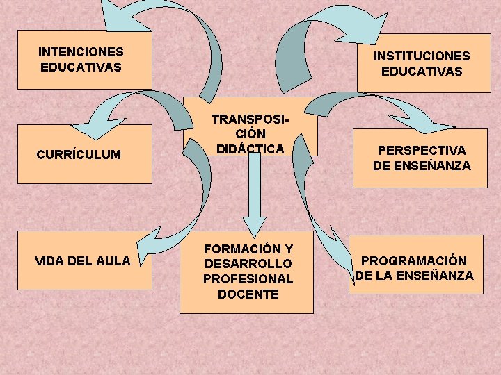 INTENCIONES EDUCATIVAS CURRÍCULUM VIDA DEL AULA INSTITUCIONES EDUCATIVAS TRANSPOSICIÓN DIDÁCTICA FORMACIÓN Y DESARROLLO PROFESIONAL