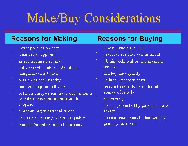 Make/Buy Considerations Reasons for Making Reasons for Buying ¨ ¨ ¨ ¨ lower production