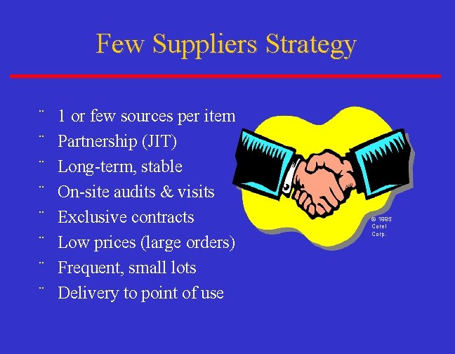Few Suppliers Strategy ¨ ¨ ¨ ¨ 1 or few sources per item Partnership