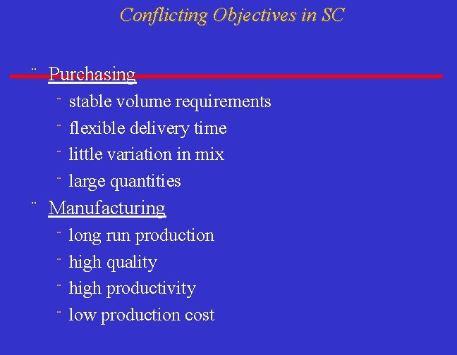 Conflicting Objectives in SC ¨ Purchasing stable volume requirements ¨ flexible delivery time ¨