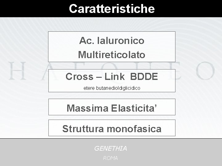 Caratteristiche Ac. Ialuronico Multireticolato Cross – Link BDDE etere butanedioldiglicidico Massima Elasticita’ Struttura monofasica